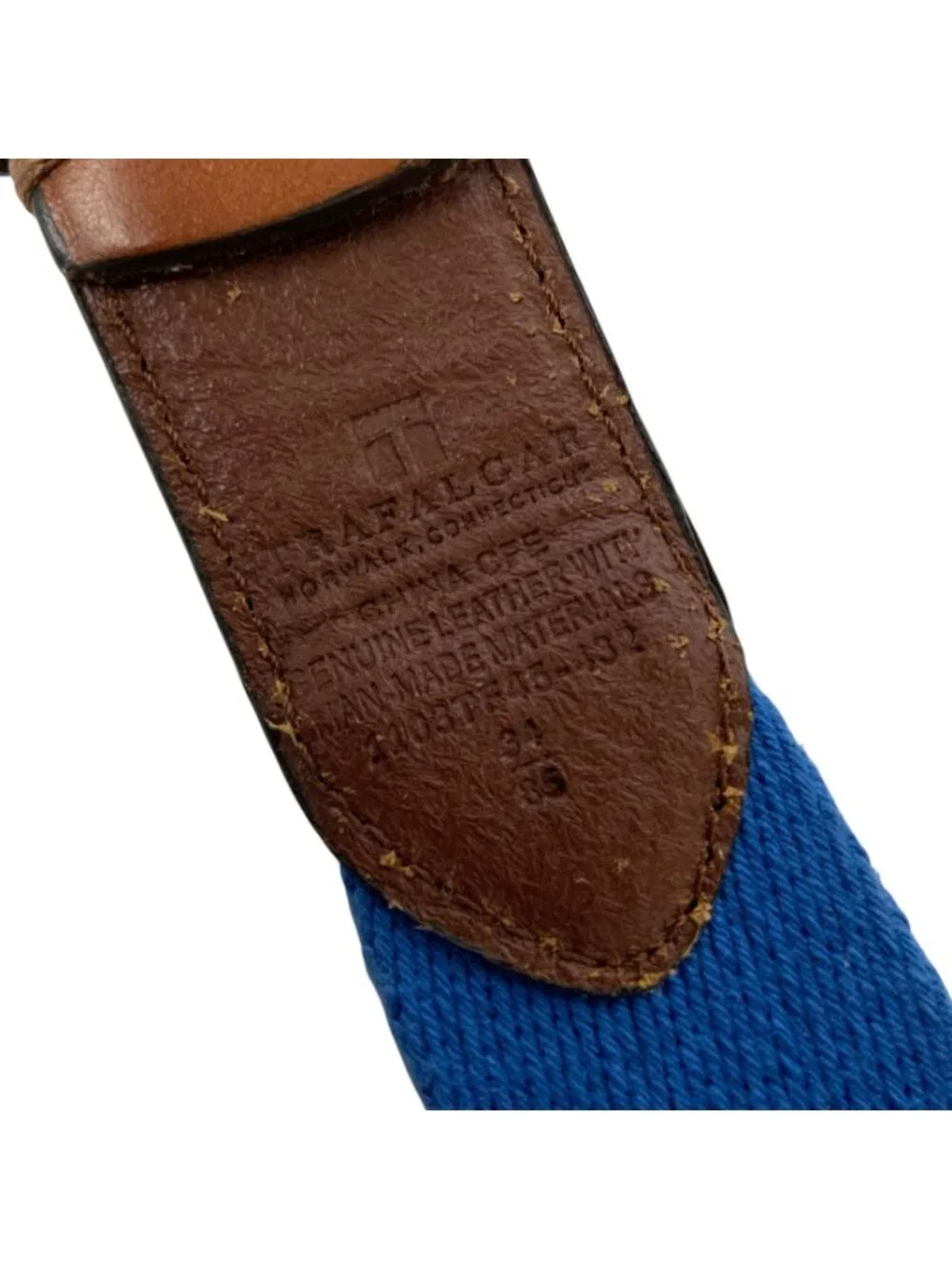 Trafalgar Mens Leather & Canvas Belt Blue Brown Size 34 85 cm